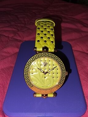 Versace beige leather watch strap with neon yellow tabs